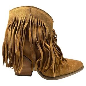 Dingo Camel Brown Suede Fringe Size 8 Ankle Boots Western Cowgirl Boho Festival